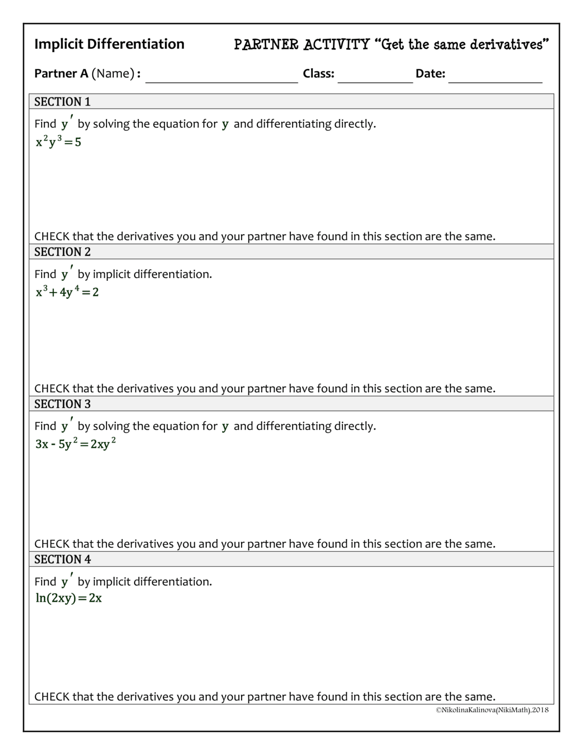 Implicit Differentiation - Partner Activity (solutions) - Teacher ...