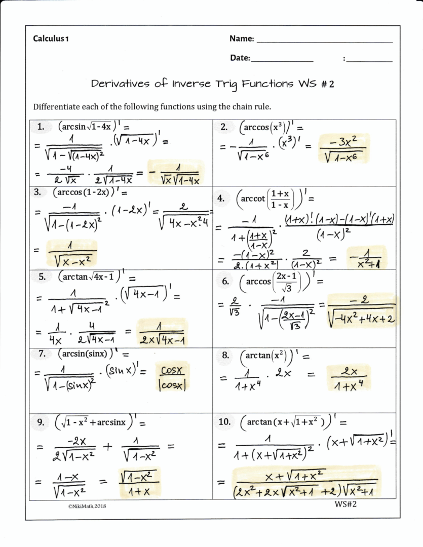Derivatives of Inverse Trig Functions (2 WS, 20 problems with solutions ...