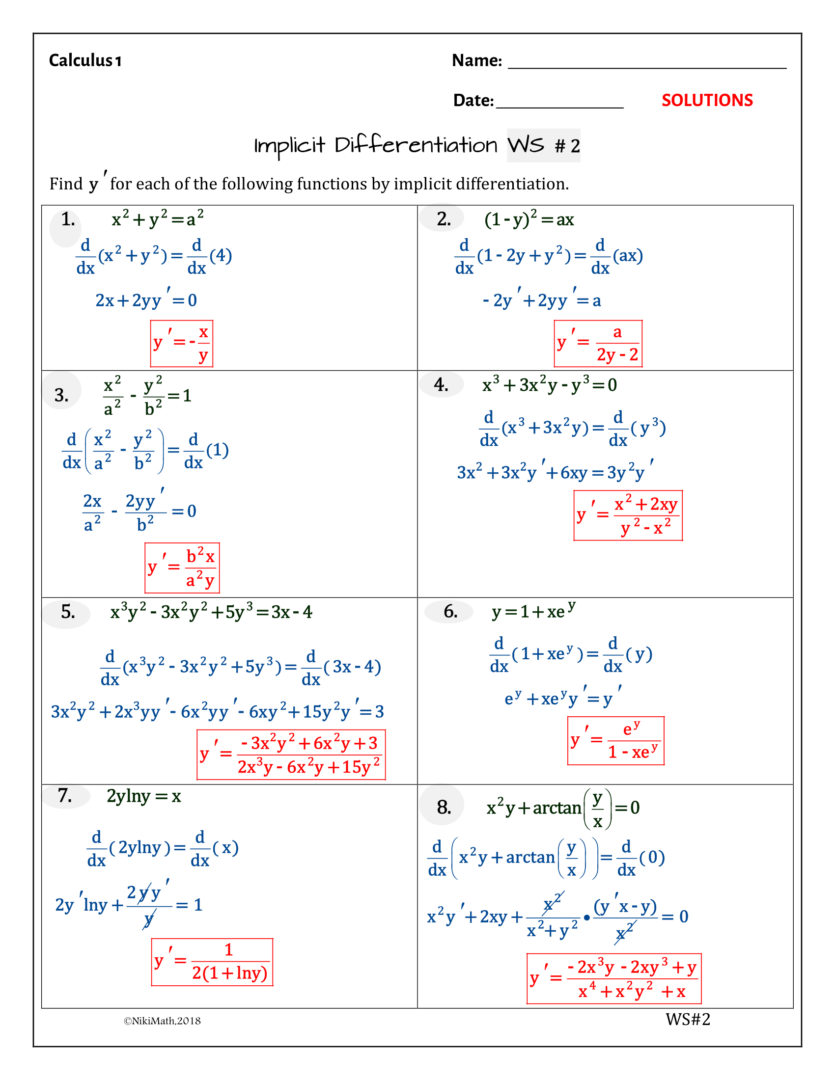 Implicit Differentiation - 2 WS - 16 various problems - typed solutions ...