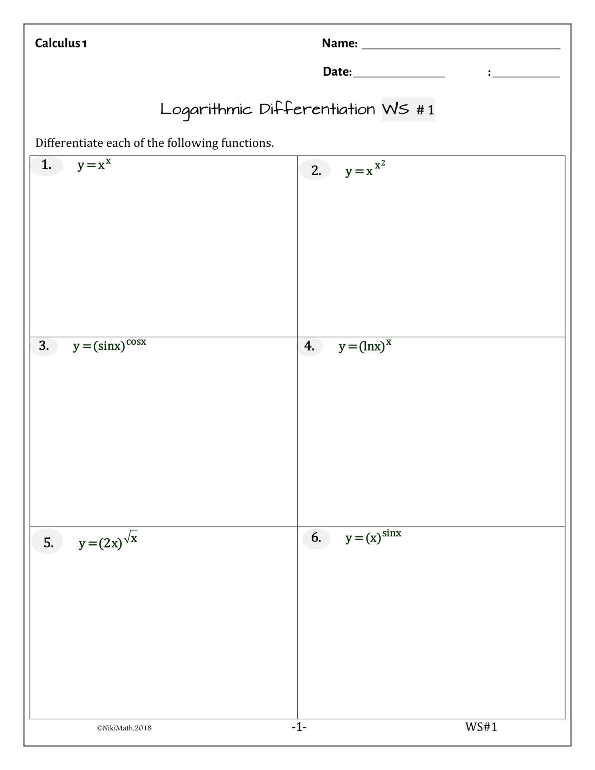 Calculus: LOGARITHMIC DIFFERENTIATION - WS (24 problems - solutions ...