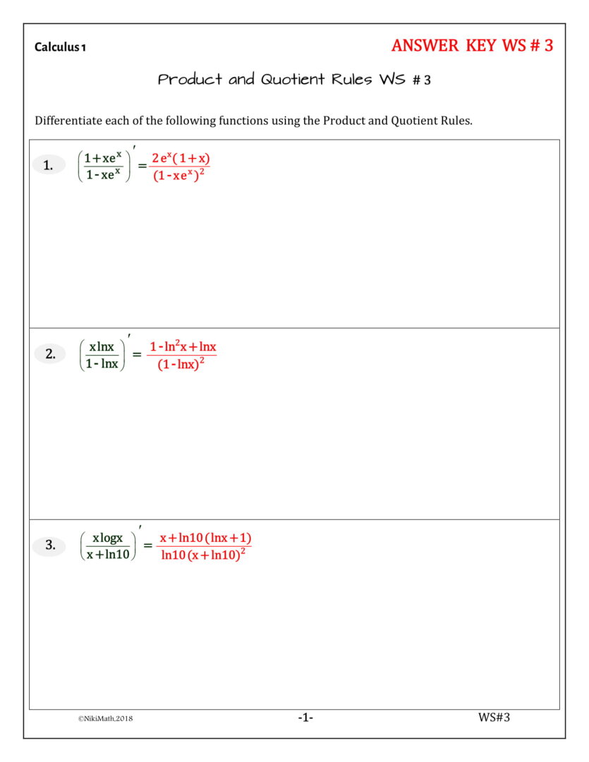 Derivatives - The PRODUCT & QUOTIENT RULES - 3 WS (32 problems ...