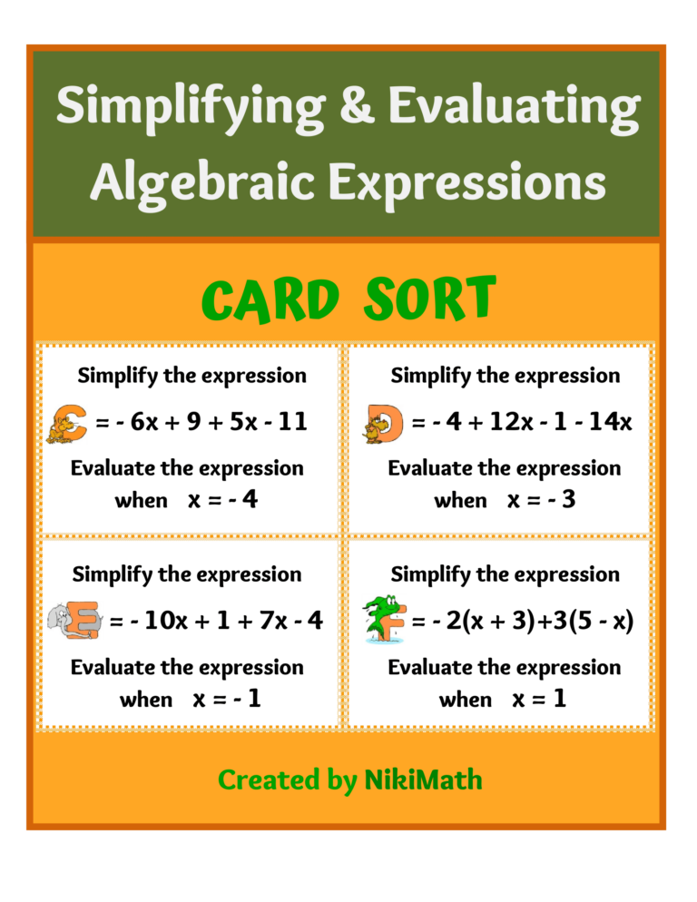 Simplifying and Evaluating Algebraic Expressions - Card Sort (26 cards ...