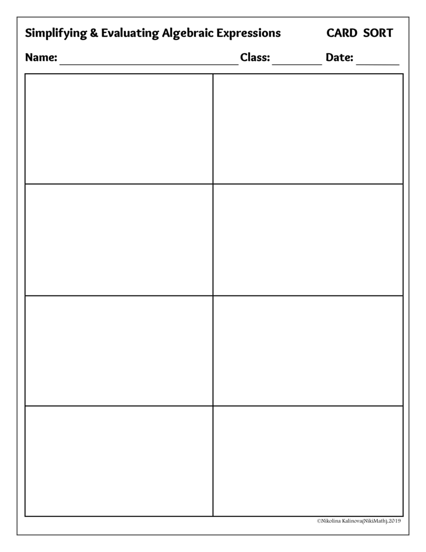 Simplifying and Evaluating Algebraic Expressions - Card Sort (26 cards ...