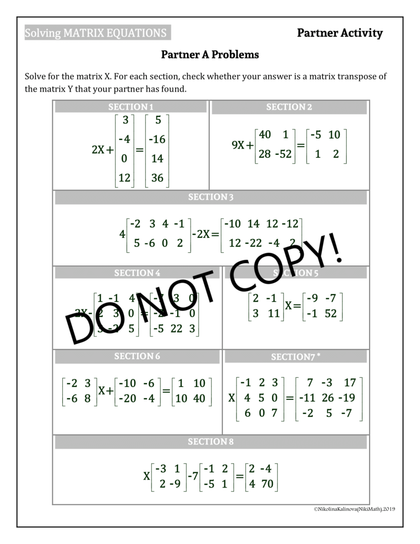 Solving Matrix Equations - Partner Activity (Answers - A Matrix & Its ...