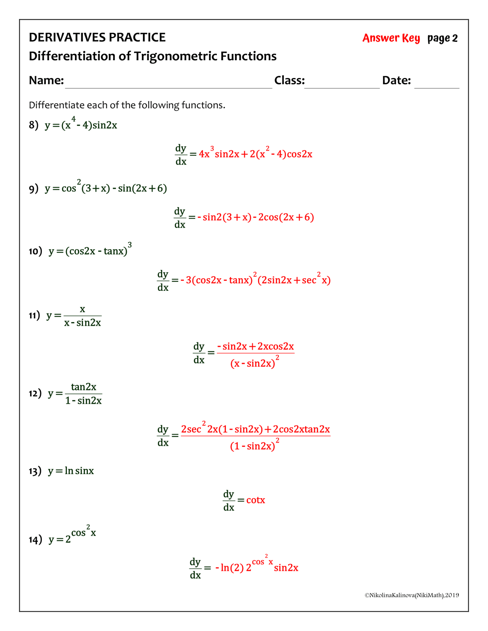 Differentiation of Trigonometric Functions-Practice WS (3 pages -20 ...