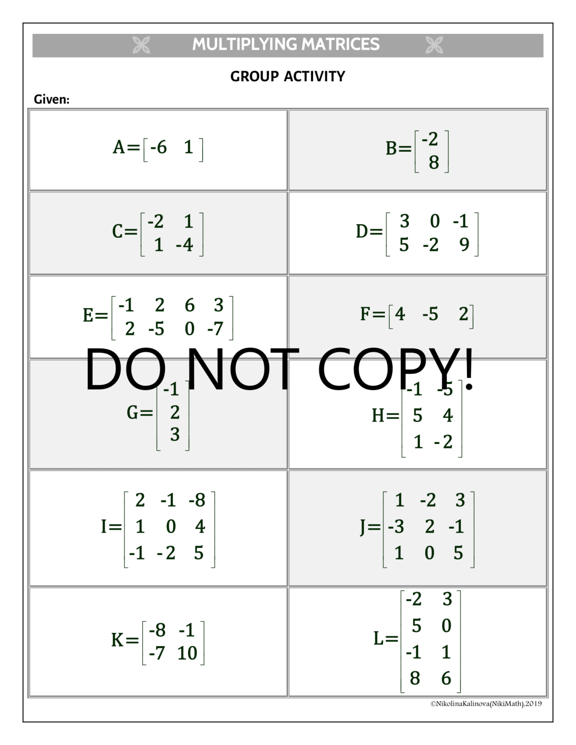 Multiplying Matrices - Group Activity - Teacher Professional Development