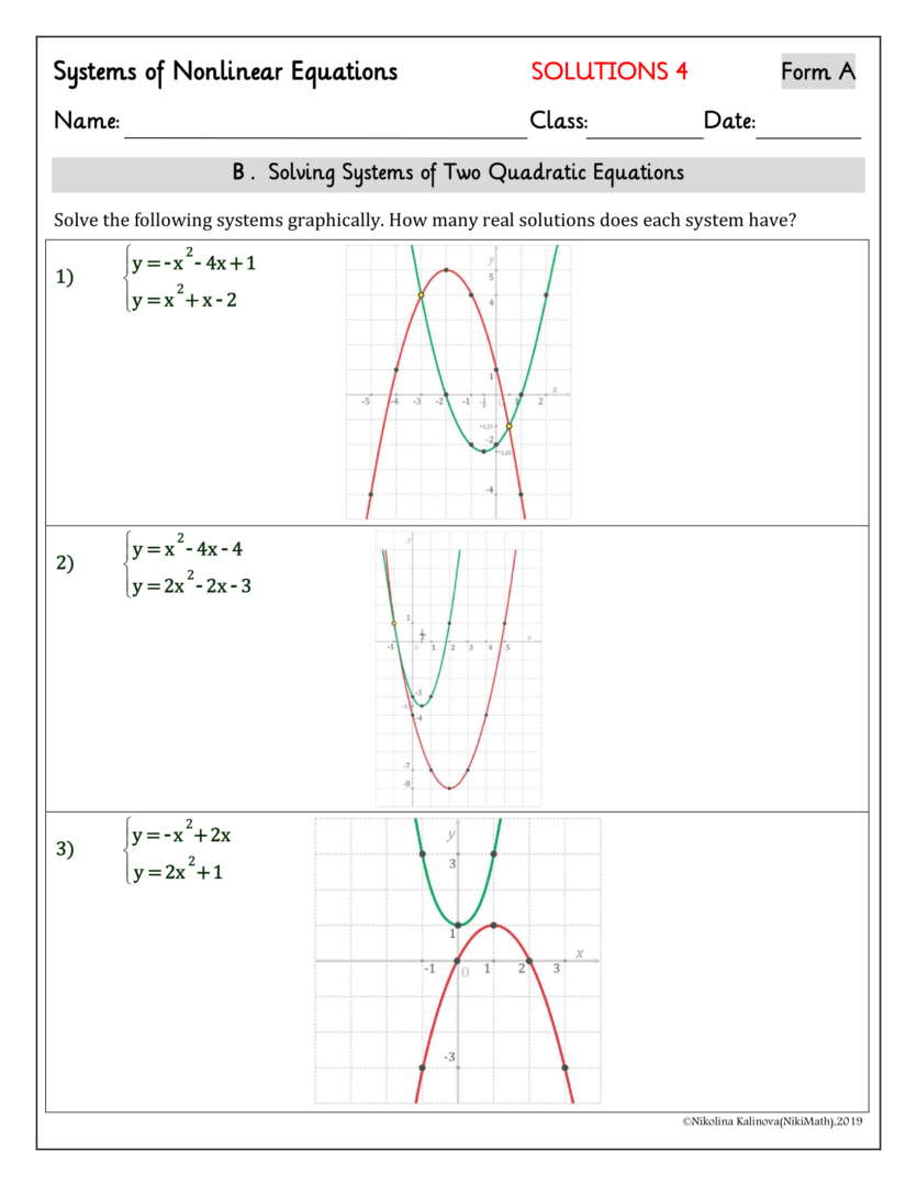 Non-Linear Systems of Equations - Practice 2 Forms & Matching Activity ...