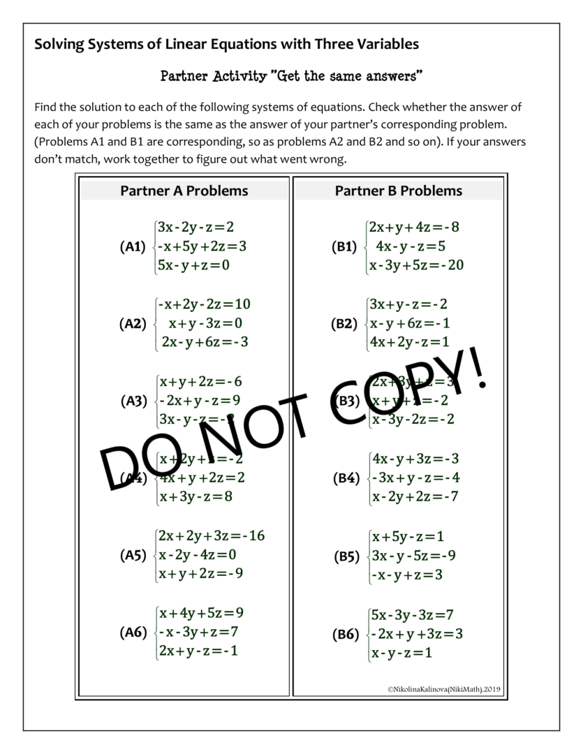 Same Answer Linear Systems with 3 Variables - Partner Activity