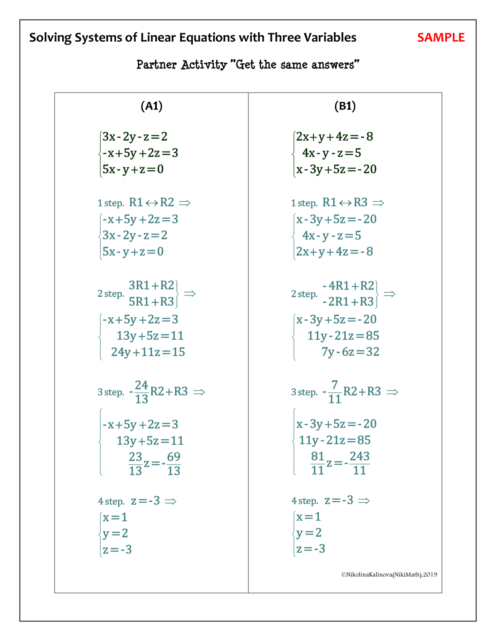 Same Answer Linear Systems with 3 Variables - Partner Activity