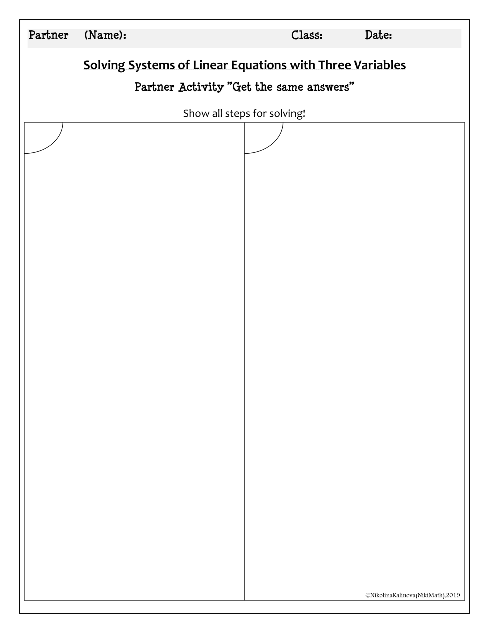 Same Answer Linear Systems with 3 Variables - Partner Activity