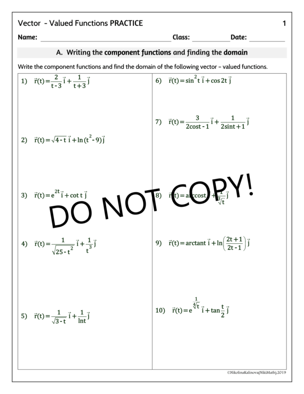 Vector - Valued Functions - 50 Practice Problems Classified - Teacher ...