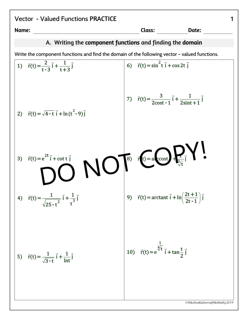 Vector - Valued Functions - 50 Practice Problems Classified - Teacher ...