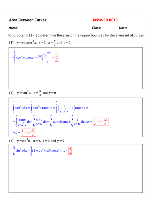 Calculus: AREA BETWEEN CURVES - 22 Problems + detailed typed keys ...