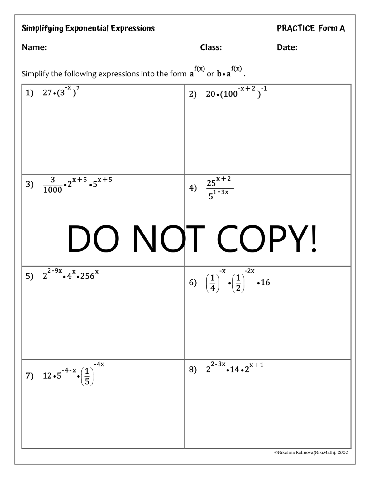 Simplifying Exponential Expressions - Practice Sheets ( 4 forms) - 32 ...