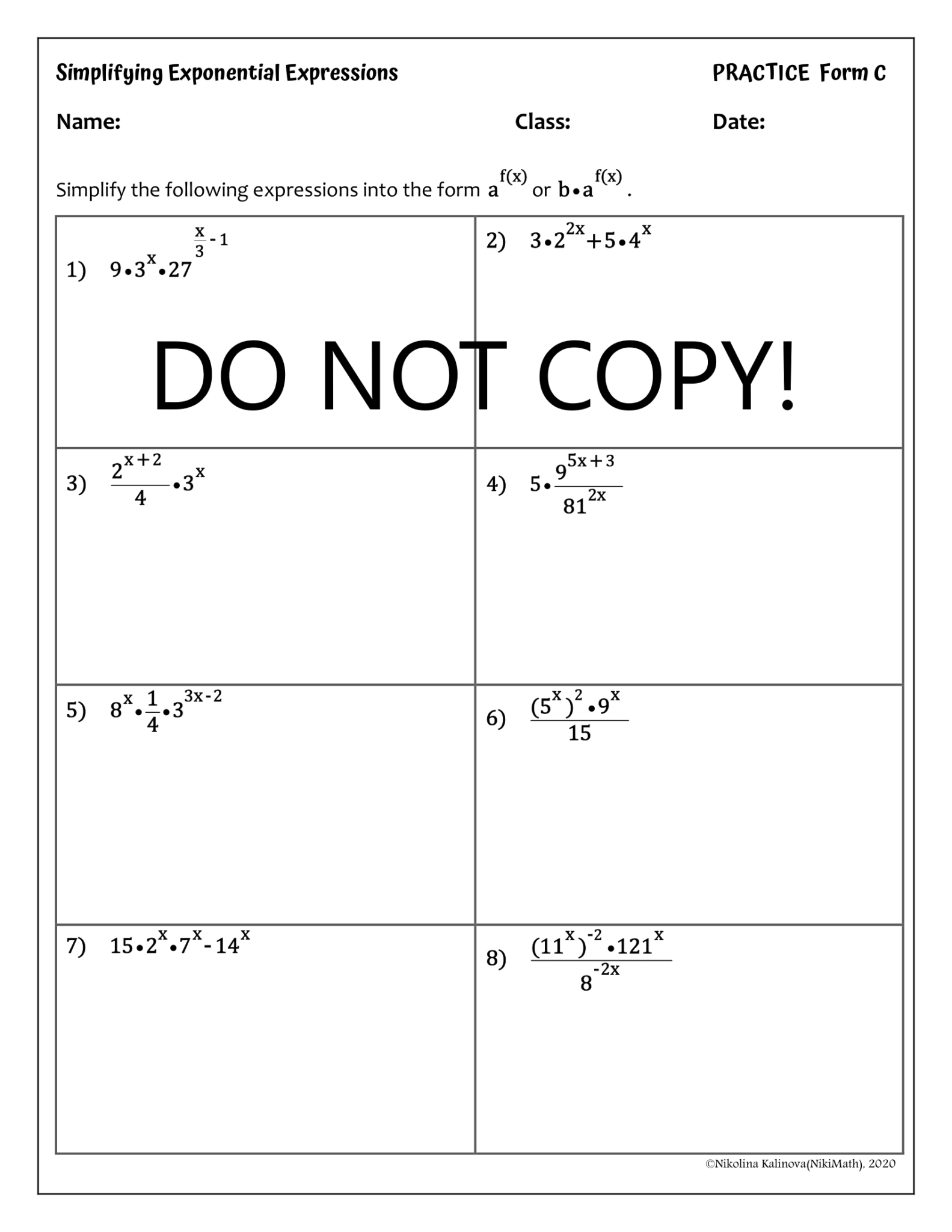 Simplifying Exponential Expressions - Practice Sheets ( 4 forms) - 32 ...