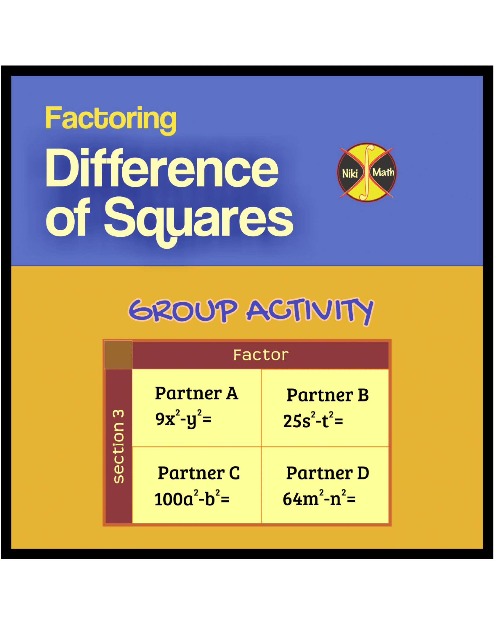 Factoring Difference of Squares - Group Activity (48 problems 
