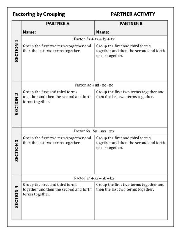 Factoring by Grouping - Partner Activity (Solving a problem in 2 ...