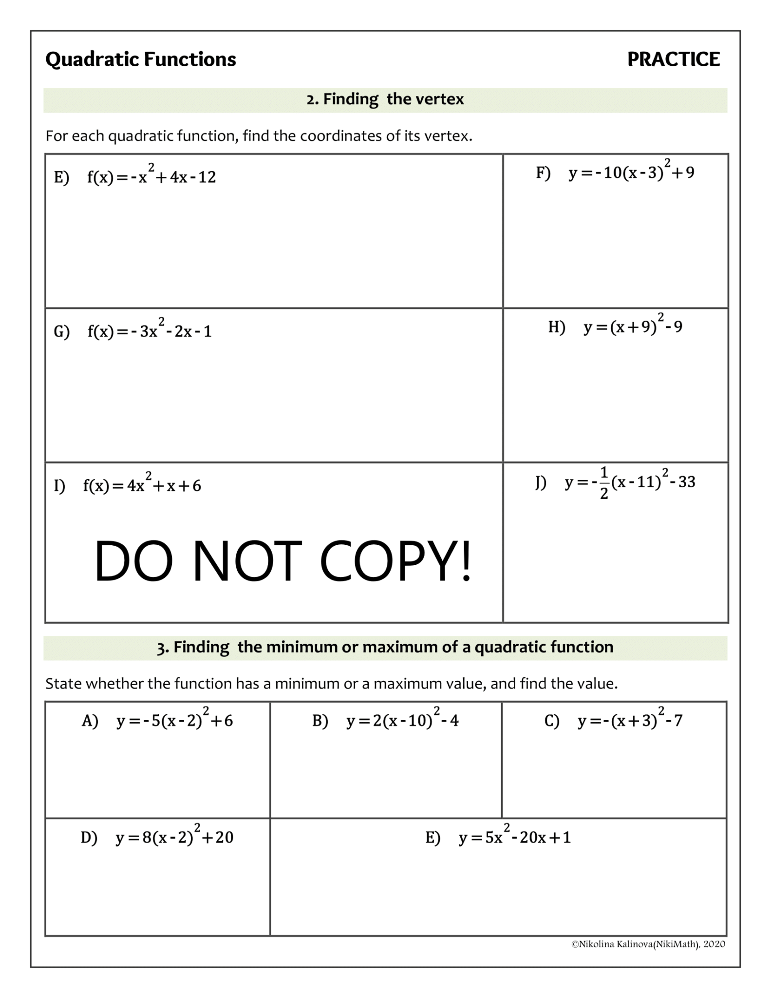 Practice Problems In Function Samples Quadratic Functions - 66 Practice Problems Classified into 7 categories ...