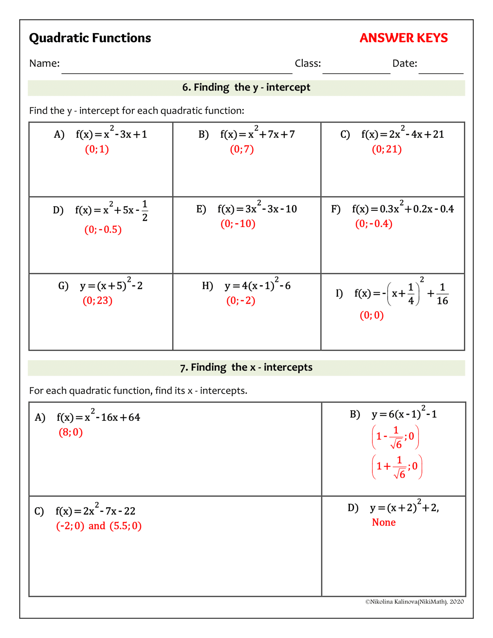 Quadratic Functions - 66 Practice Problems Classified into 7 categories ...