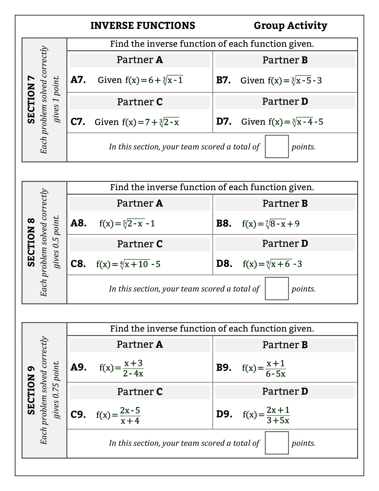 Inverse Group Development Inverse Functions (48 problems) - Group Activity (competition ...