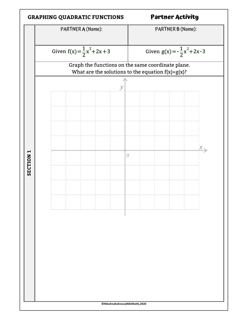 Dual Graph Practice Graphing Quadratic Functions-Partner Activity(two graphs on a grid ...
