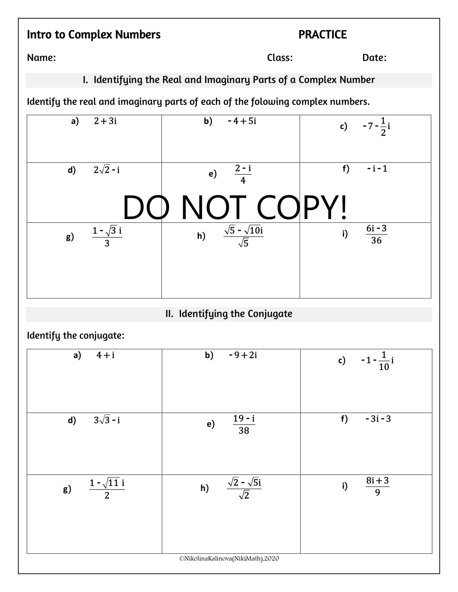 Intro to Complex Numbers -Practice/Classified Problems & HW - Teacher ...