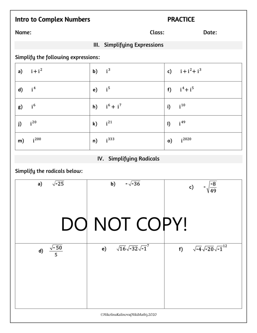 Intro to Complex Numbers -Practice/Classified Problems & HW - Teacher ...
