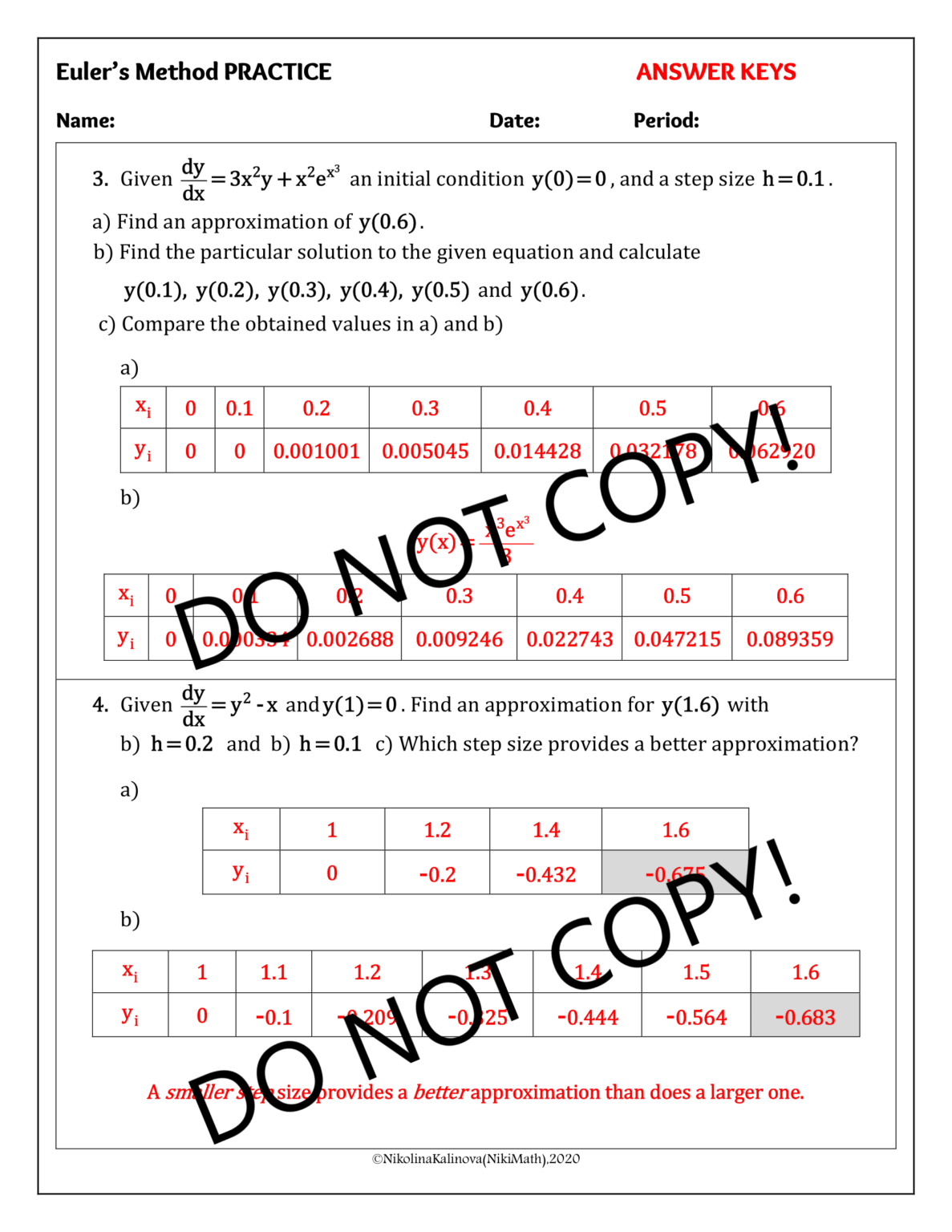 Euler's Method - Practice/Homework - Teacher Professional Development
