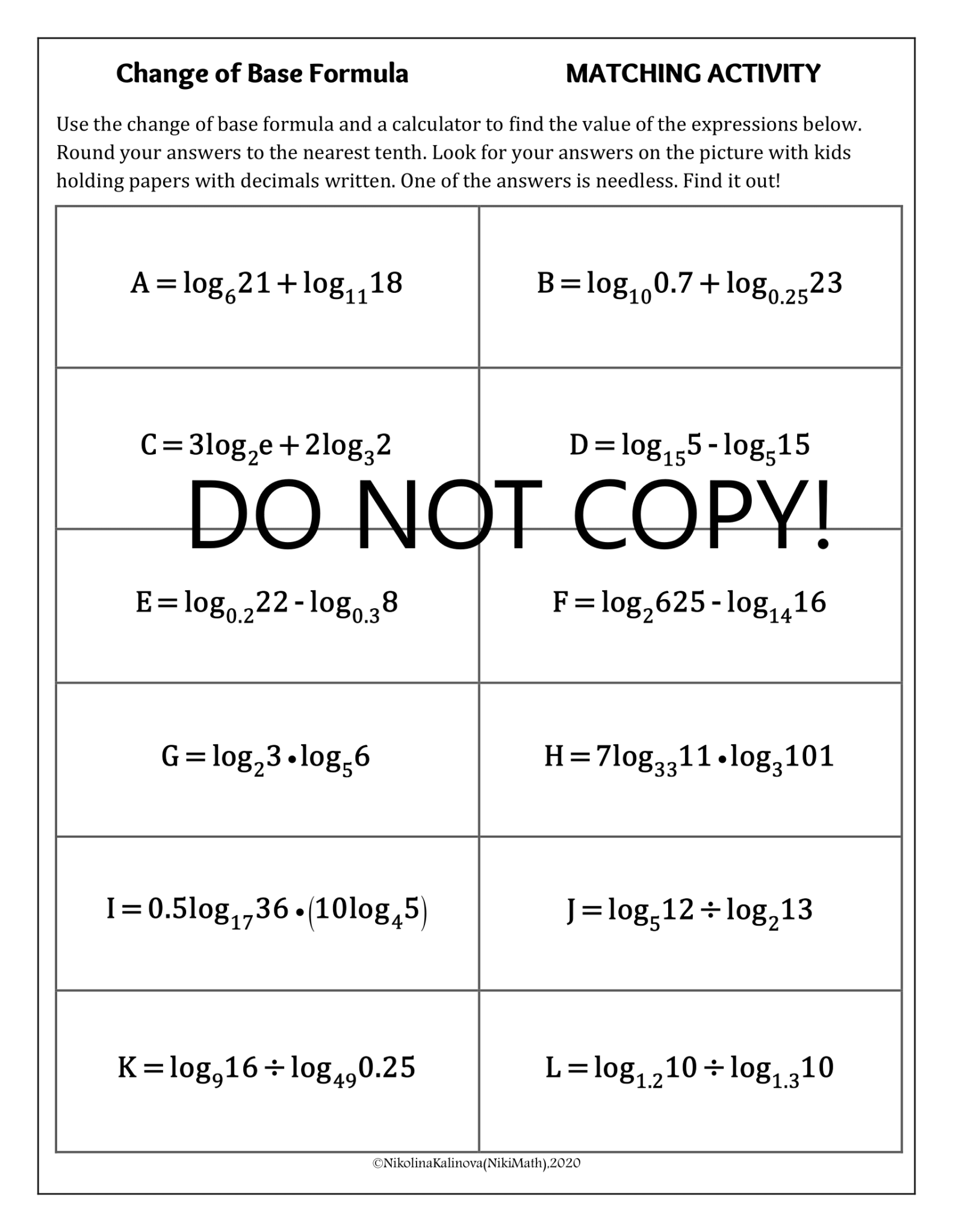 Change of Base Formula - Matching Activity (independent practice or for ...