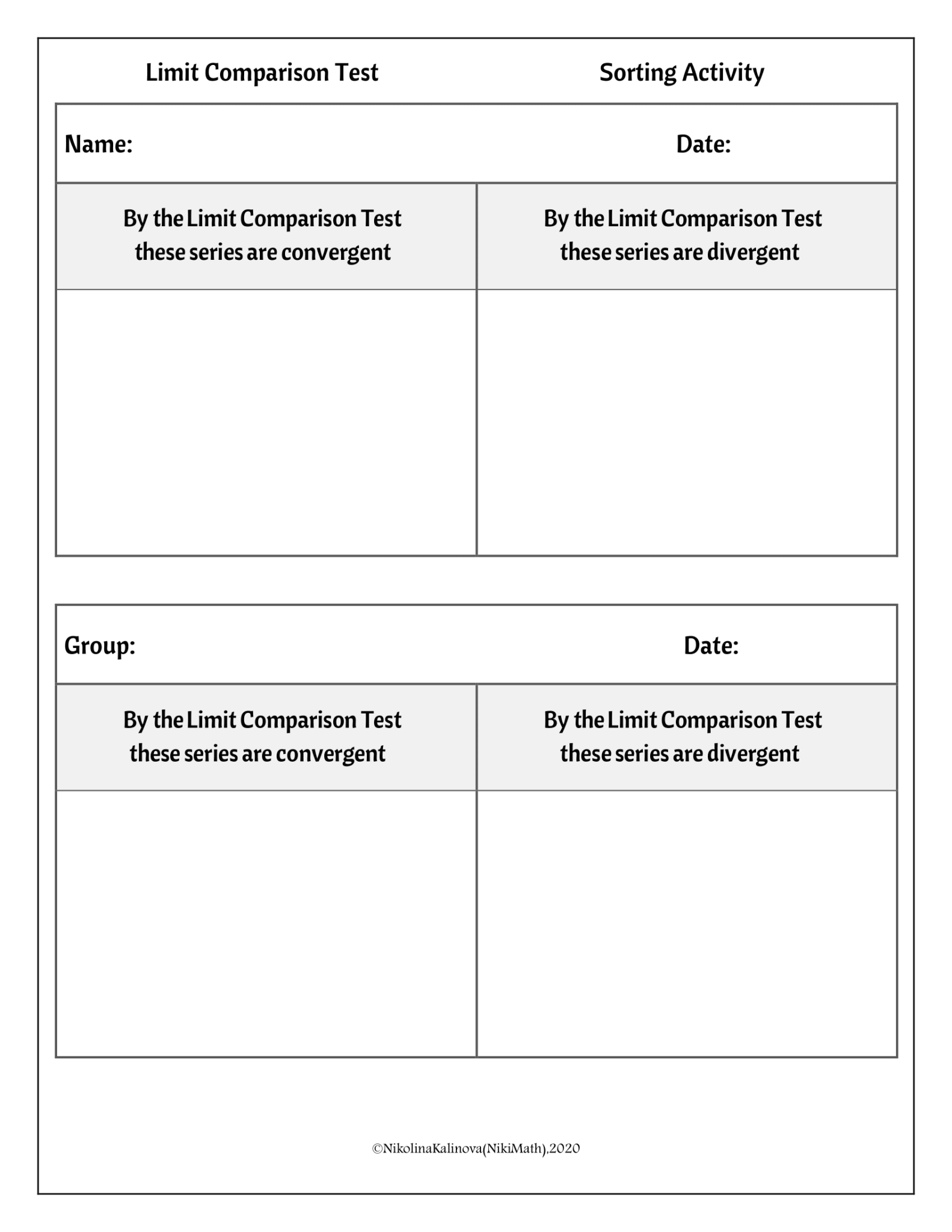 Limit Comparison Test - Card Sort - 16 cards (full solutions) - Teacher ...