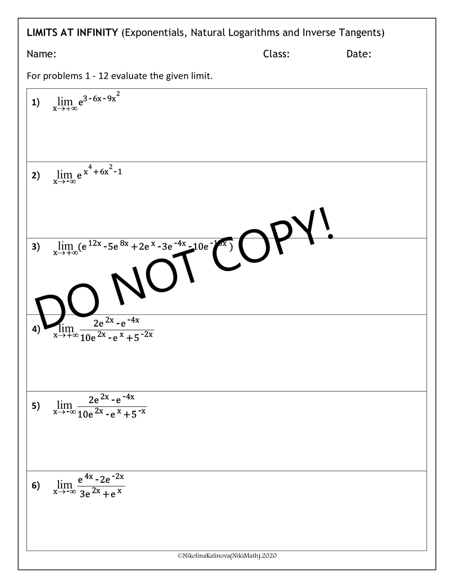 Infinity Problems Limits at Infinity (exponential,natural logarithms & inverse tangents ...