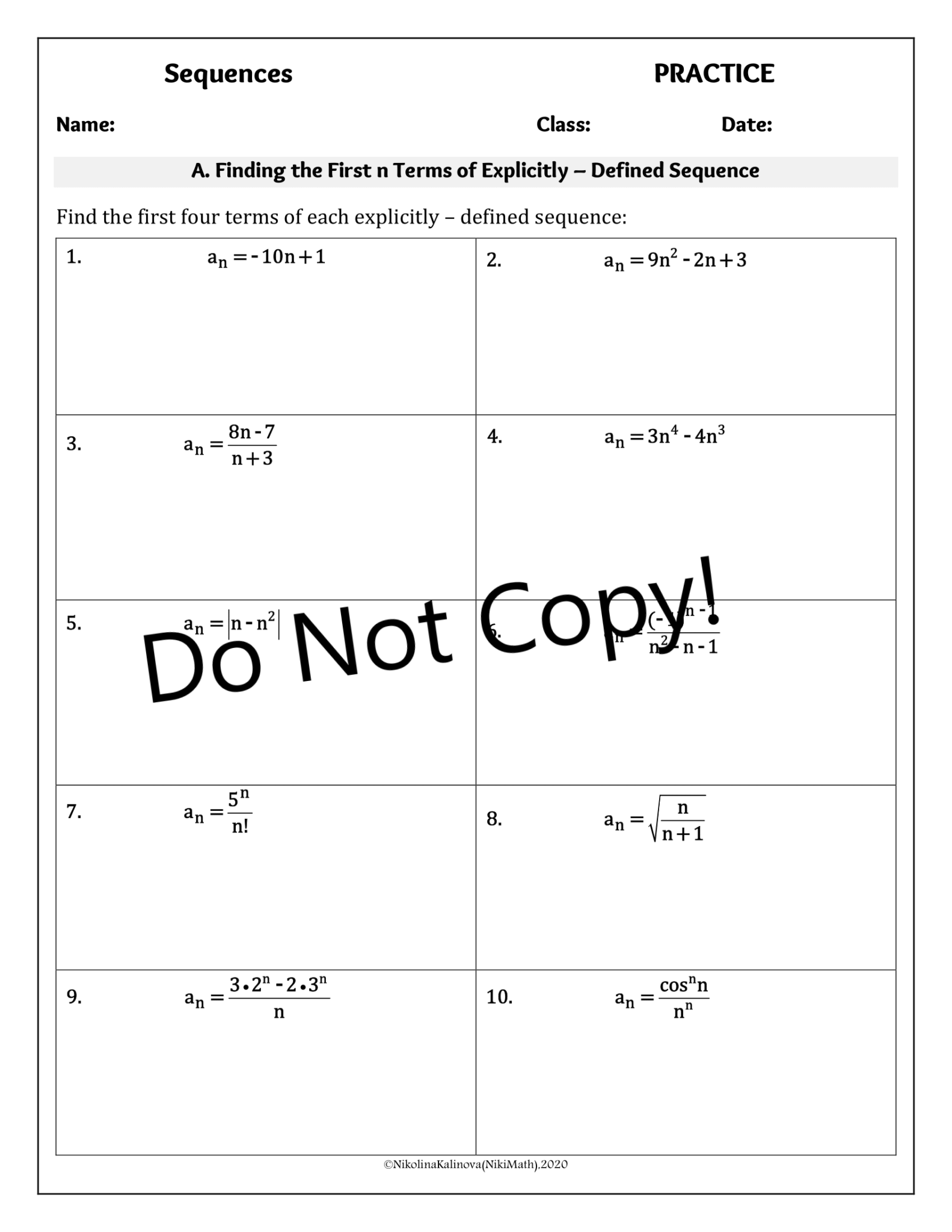 Sequences (NOT Arithmetic & Geometric)-10 Practice Pages (80 CLASIFIED ...