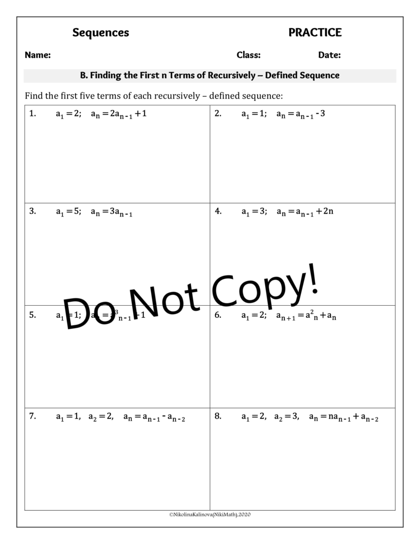 Sequences (NOT Arithmetic & Geometric)-10 Practice Pages (80 CLASIFIED ...