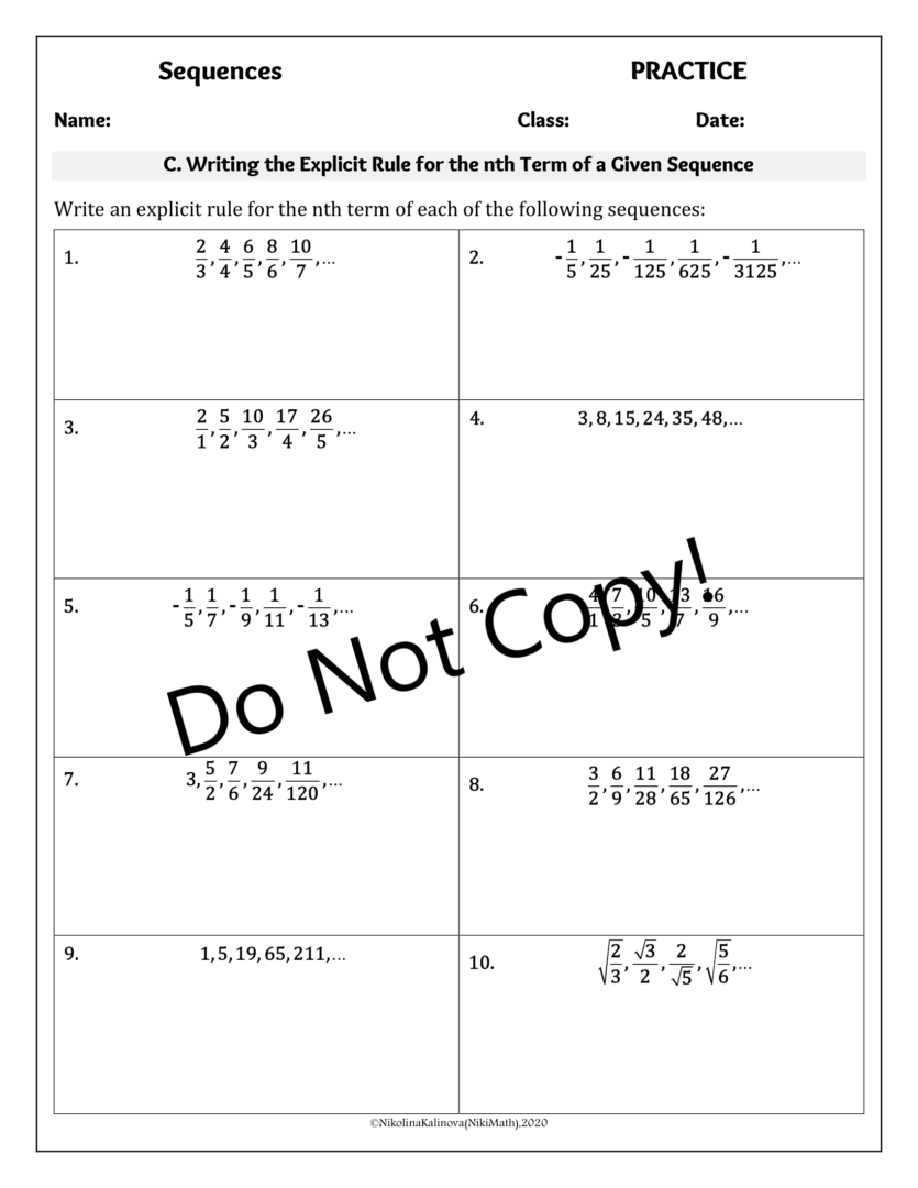 Sequences (NOT Arithmetic & Geometric)-10 Practice Pages (80 CLASIFIED ...