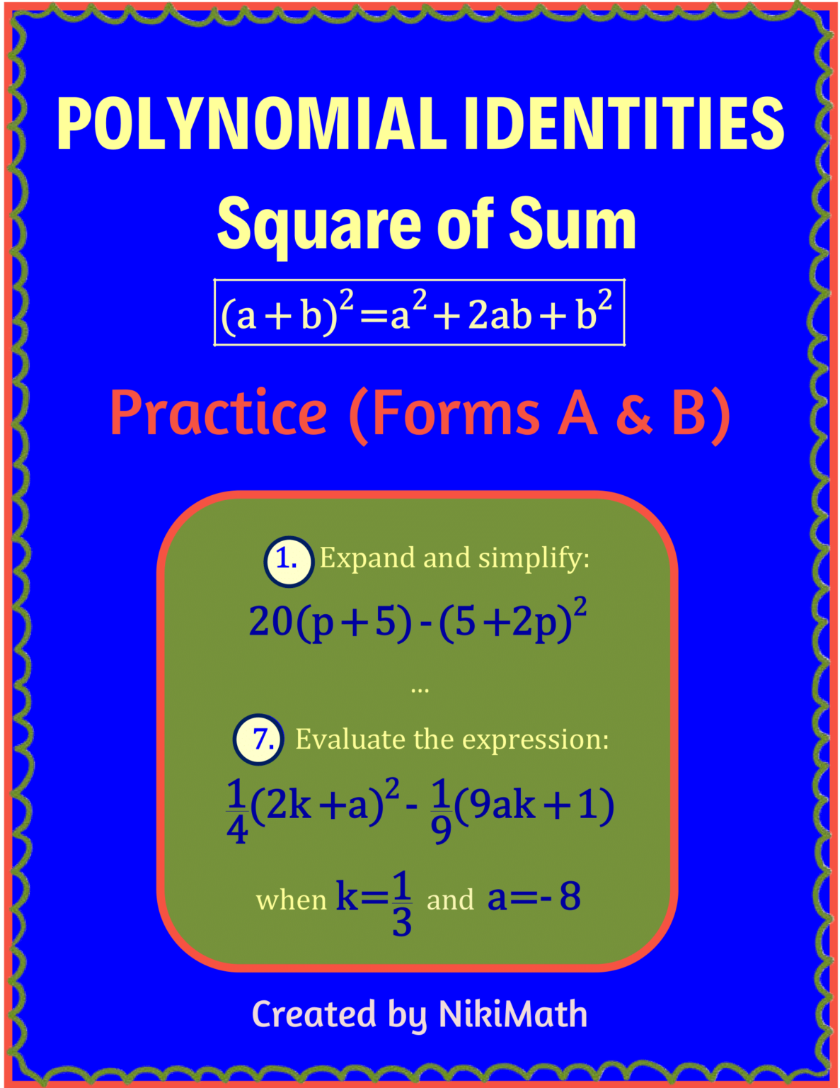 Polynomial Identities - SQUARE OF A SUM - Practice (Forms A&B ...