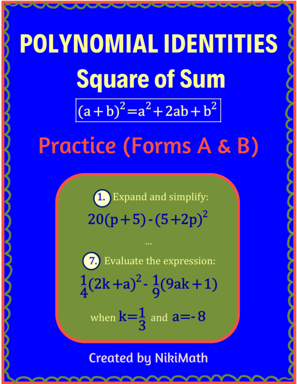 Polynomial Identities - SQUARE OF A SUM - Practice (Forms A&B ...