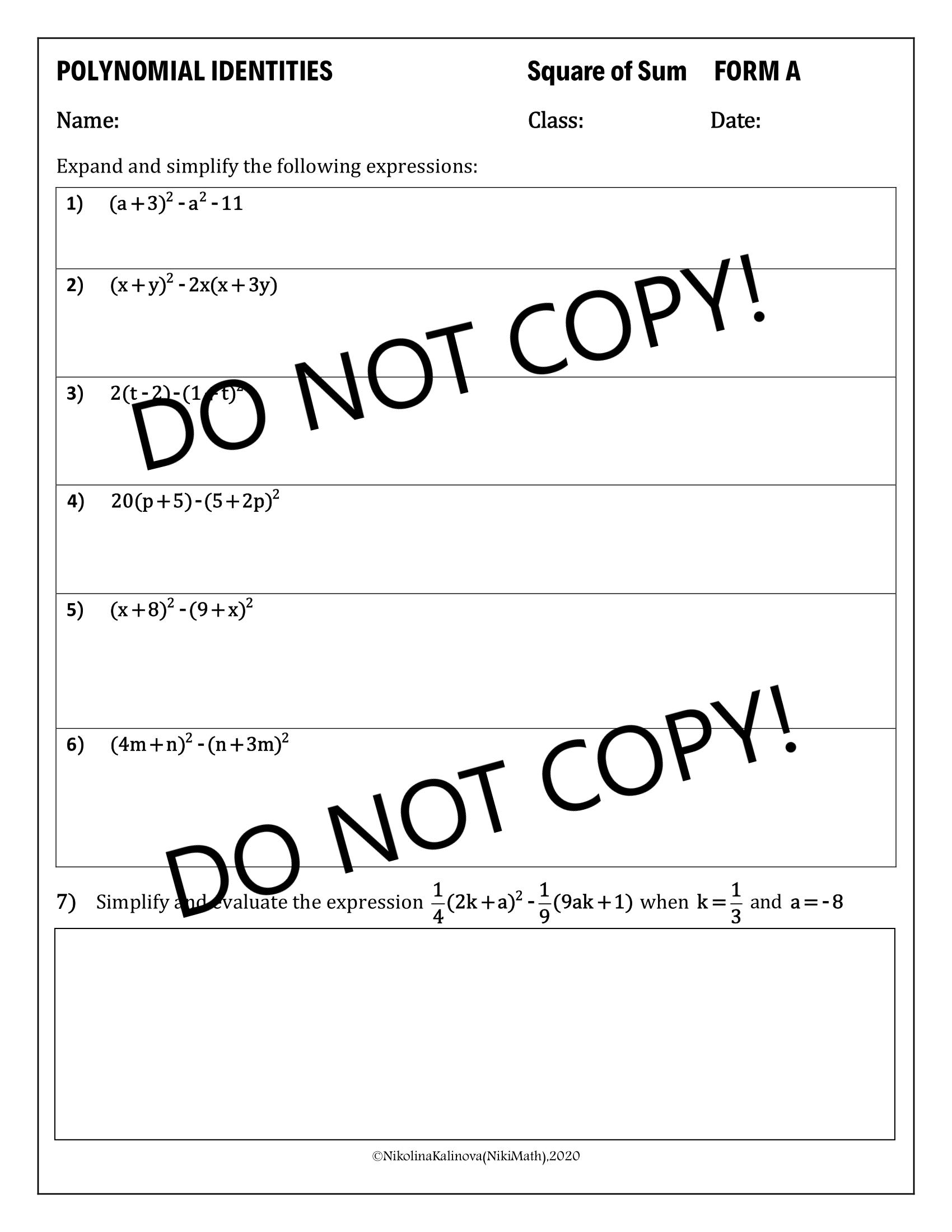 Binomials Y Polynomial Identities SQUARE OF A SUM Practice (Forms A&B
