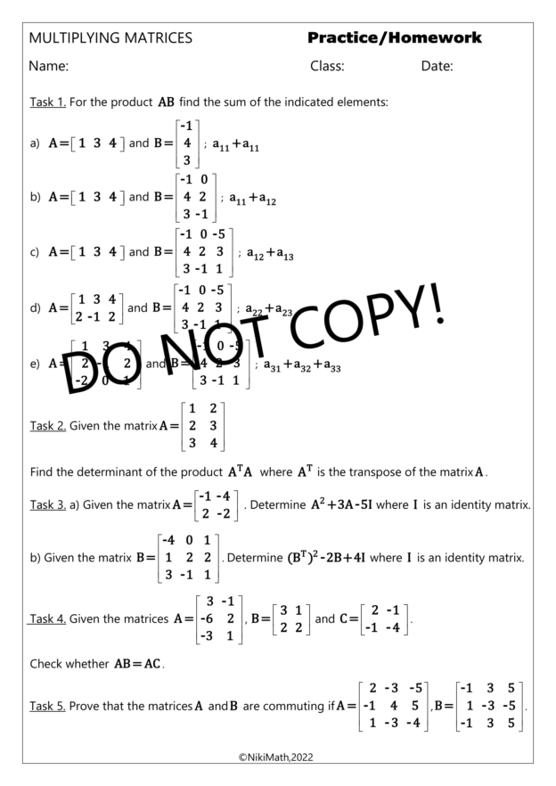 Multiplying Matrices Practice Multiplying Matrices - Practice/Homework (10 Tasks, 19 Problems ...