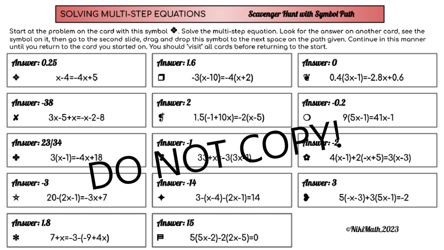 Multi-Step Equations - Scavenger Hunt with Symbol Path - Teacher ...