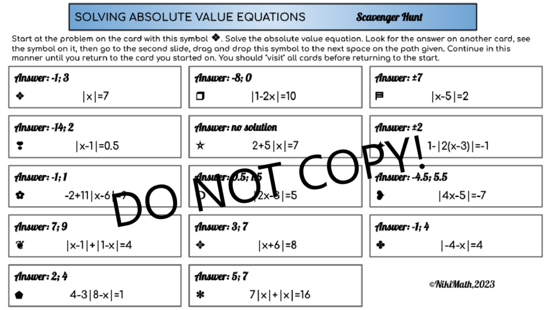 Absolute Value Equations - Digital Scavenger Hunt with Symbol Path ...