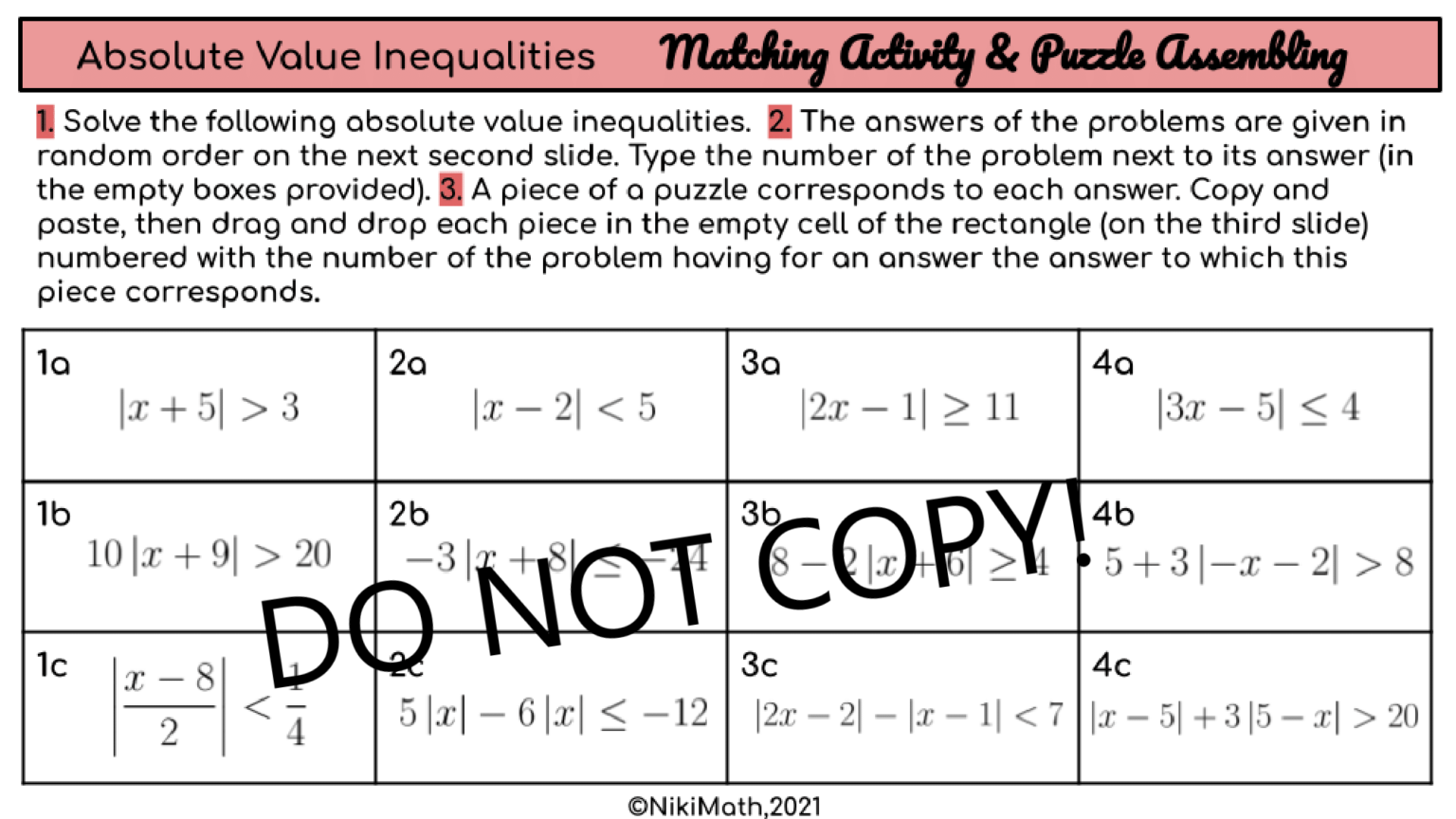 Absolute Value Inequalities - Matching and Puzzle Assembling Activity ...