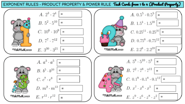 Exponent Rules PRODUCT PROPERTY & POWER RULE - 12 Digital Task Cards ...