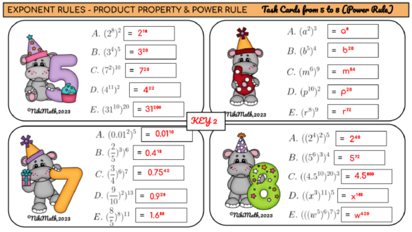 Exponent Rules PRODUCT PROPERTY & POWER RULE - 12 Digital Task Cards ...