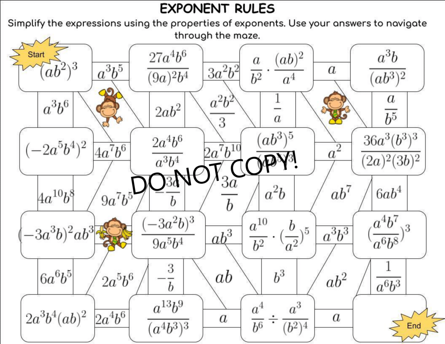 Exponents Rles Maze Exponent Rules - Digital Maze (expressions with two variables ...
