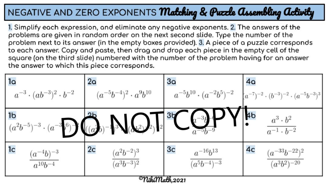 Negative & Zero Exponents - Matching & Puzzle Assembling Activity ...