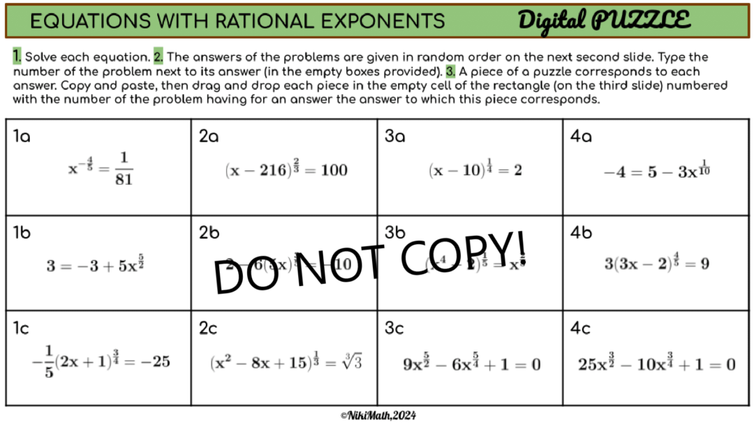 Solving Equations with Rational Exponents - Digital Puzzle - Teacher ...