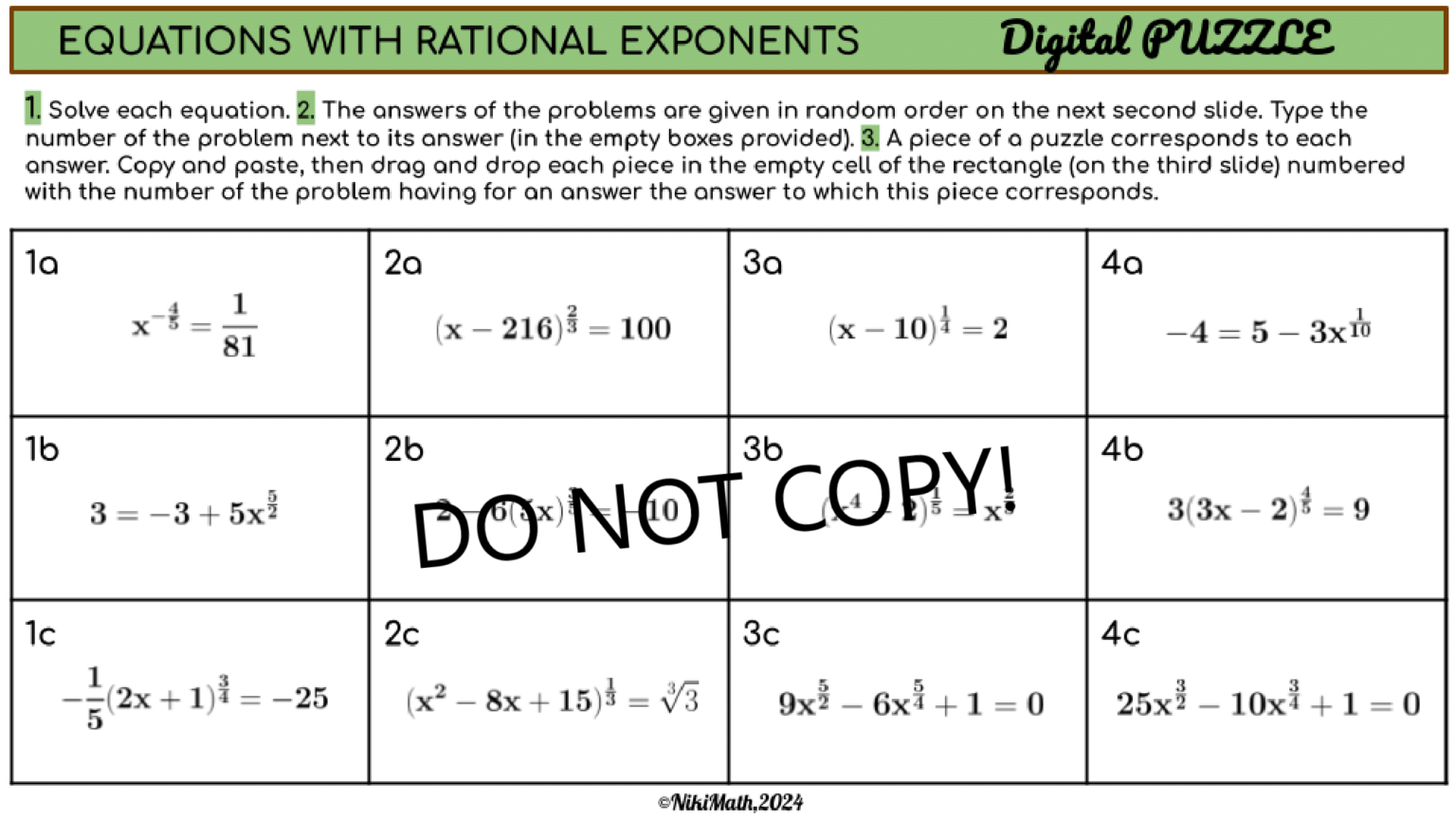 Solving Equations with Rational Exponents - Digital Puzzle - Teacher ...