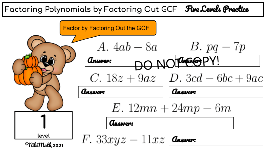 Factoring out the GCF - Five Levels Practice - Teacher Professional ...