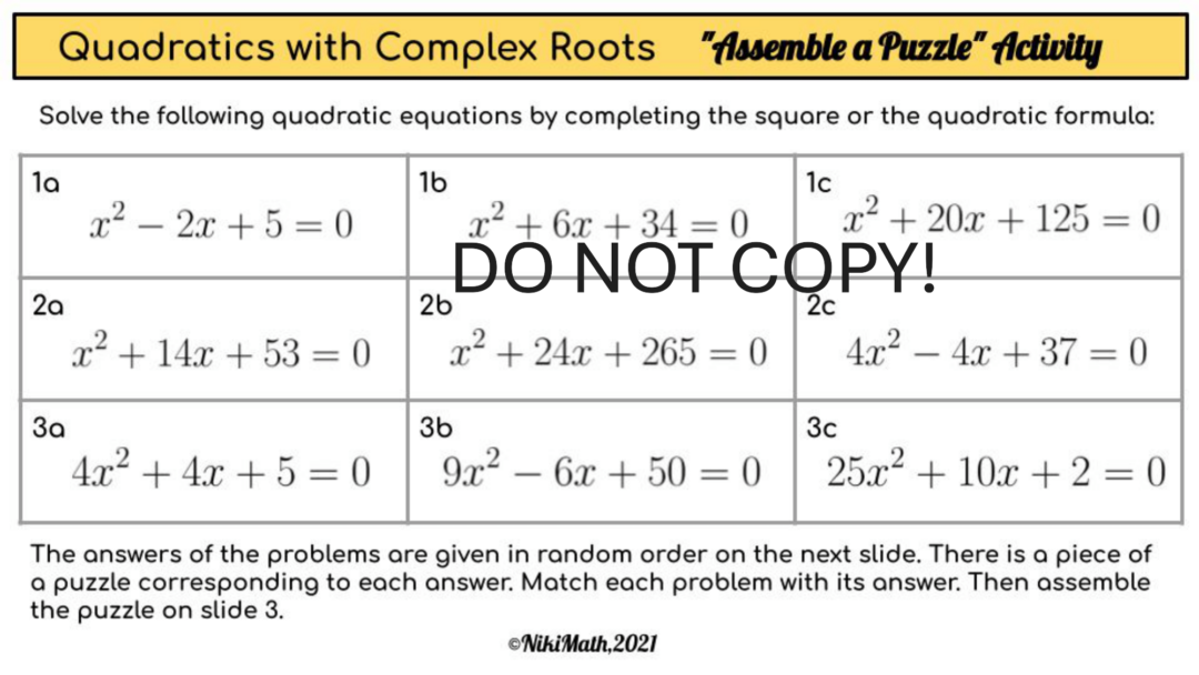 Quadratic Equations with Complex Solutions - Matching and Puzzle ...