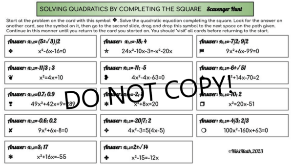 Solving Quadratics by Completing the Square - Digital Scavenger Hunt ...